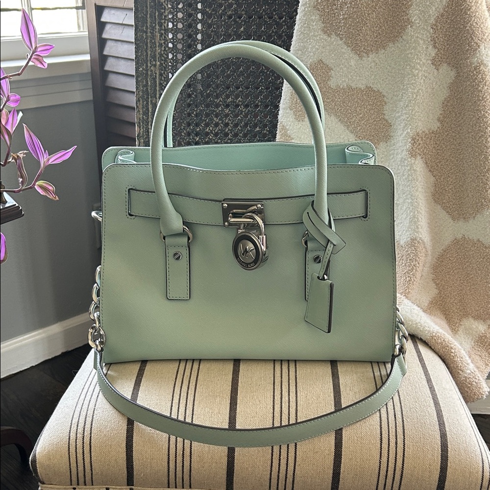 Michael Kors Mint Green Leather Satchel with Silver Hardware